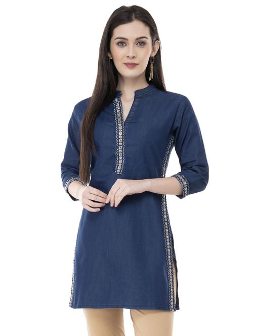 embroidered denim straight kurti - 16051117 - Standard Image - 1