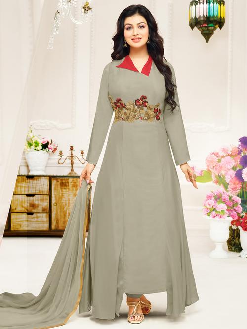 embroidered a-line unstitched suit - 16120655 - Standard Image - 1