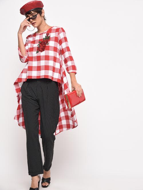 embroidered checkered high low tunic - 16193755 - Standard Image - 1