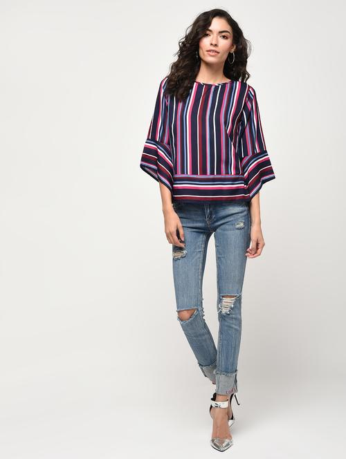 striped asymmetric bell sleeved top - 16266304 - Standard Image - 1