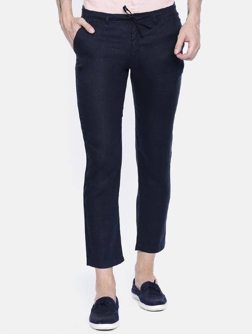 navy blue linen flat front casual trousers - 16330123 - Standard Image - 1