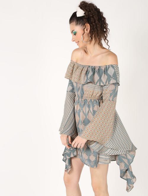 off shoulder asymmetric bell sleeved dress - 16618849 - Standard Image - 1