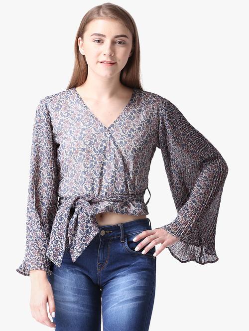 tie knot floral bell sleeved top - 16701488 - Standard Image - 1