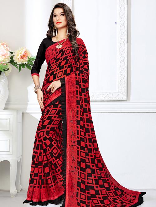 ruffle detail printed saree with blouse - 16847835 - Standard Image - 1