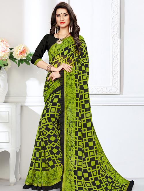 lace detailed printed saree with blouse - 16847837 - Standard Image - 1