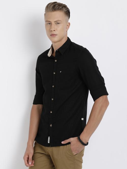 black solid cotton linen casual shirt - 17019923 - Very Small Image - 1