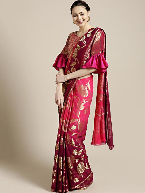 floral woven saree with blouse - 17083906 - Very Small Image - 1