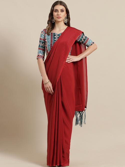 striped plain saree with blouse - 17092043 - Standard Image - 1