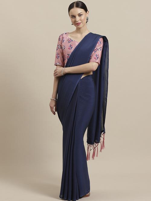 striped plain saree with blouse - 17092044 - Standard Image - 1