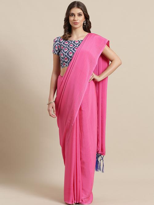 striped plain saree with blouse - 17092045 - Standard Image - 1
