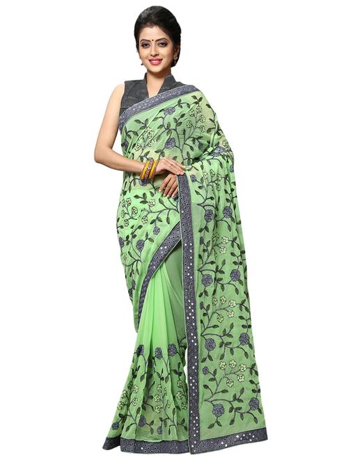 green chiffon embroidered saree with blouse - 17100507 - Standard Image - 1