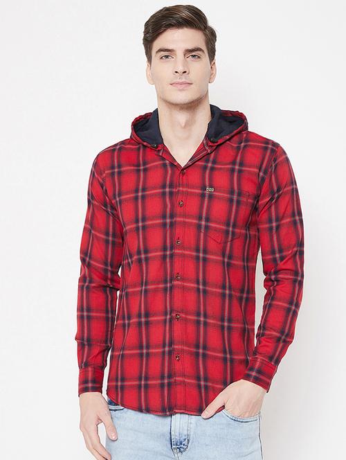 red checkered hooded casual shirt - 17171384 - Standard Image - 1