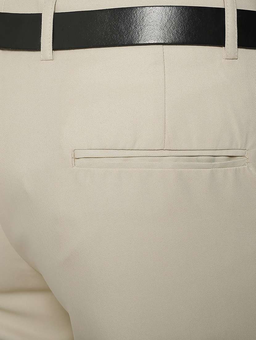 Beige Polyester Flat Front Trousers Formal