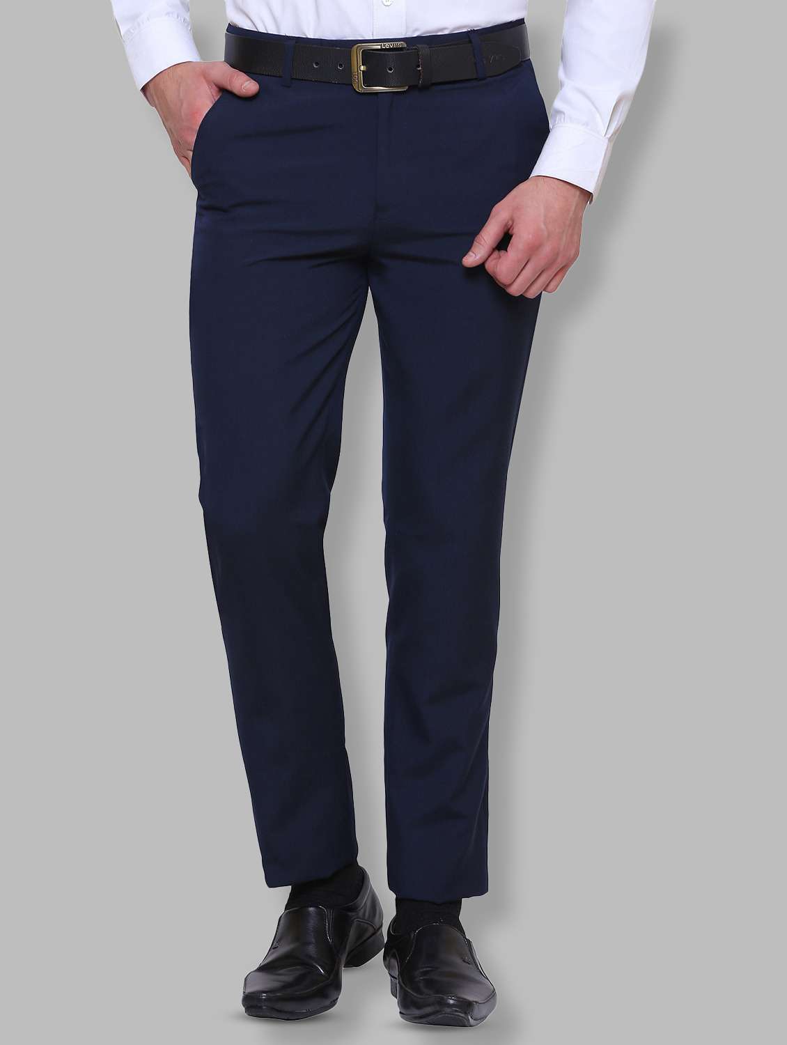 Navy Blue Solid Flat Front Formal Trouser