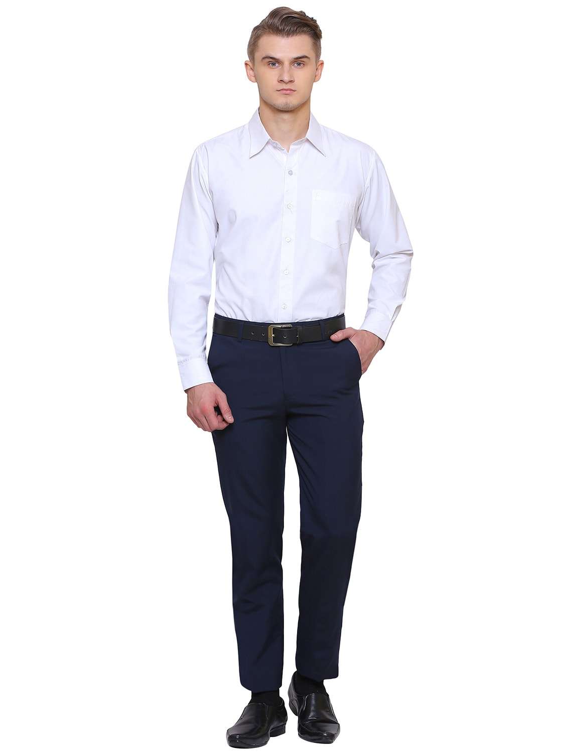 Navy Blue Solid Flat Front Formal Trouser