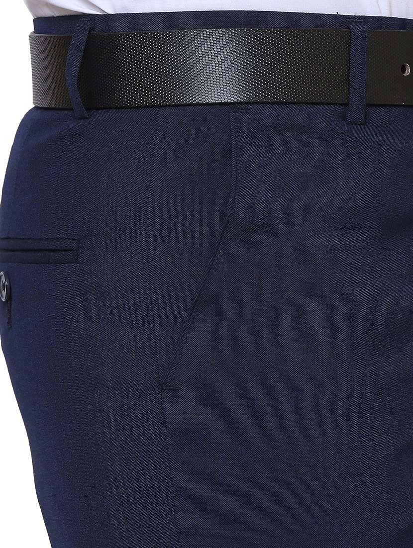 Navy Blue Solid Flat Front Formal Trouser