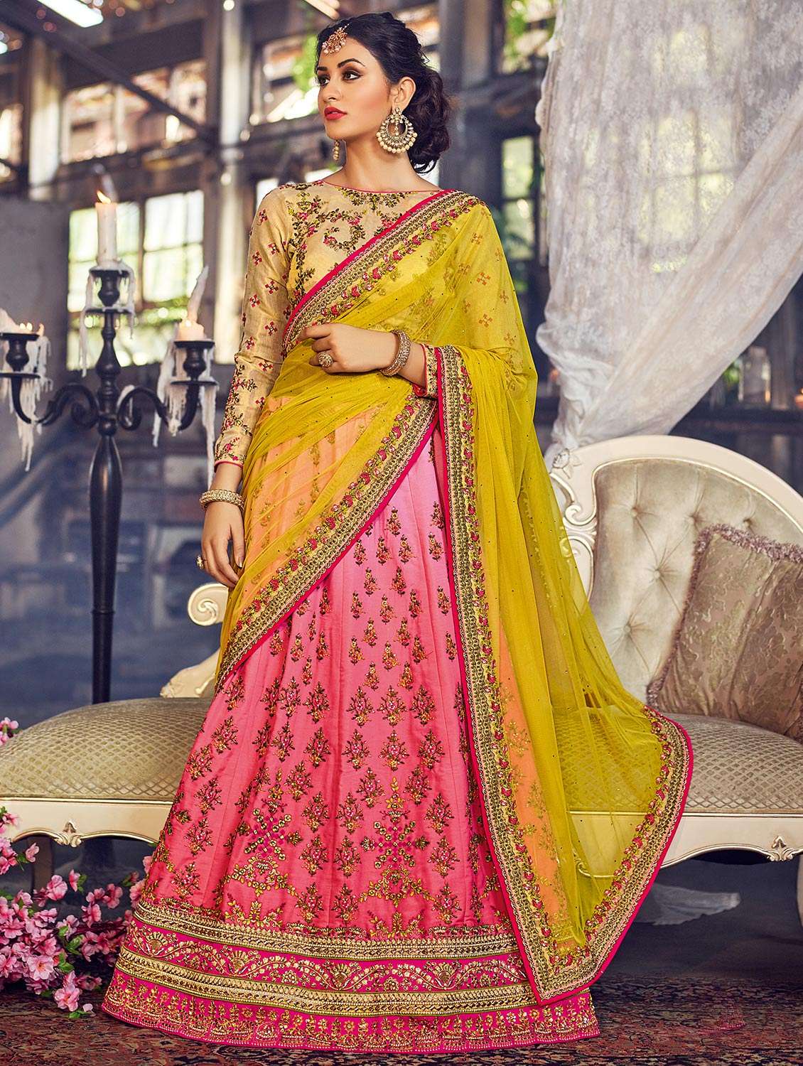 Pink Satin Semi Stitched Flared Lehenga