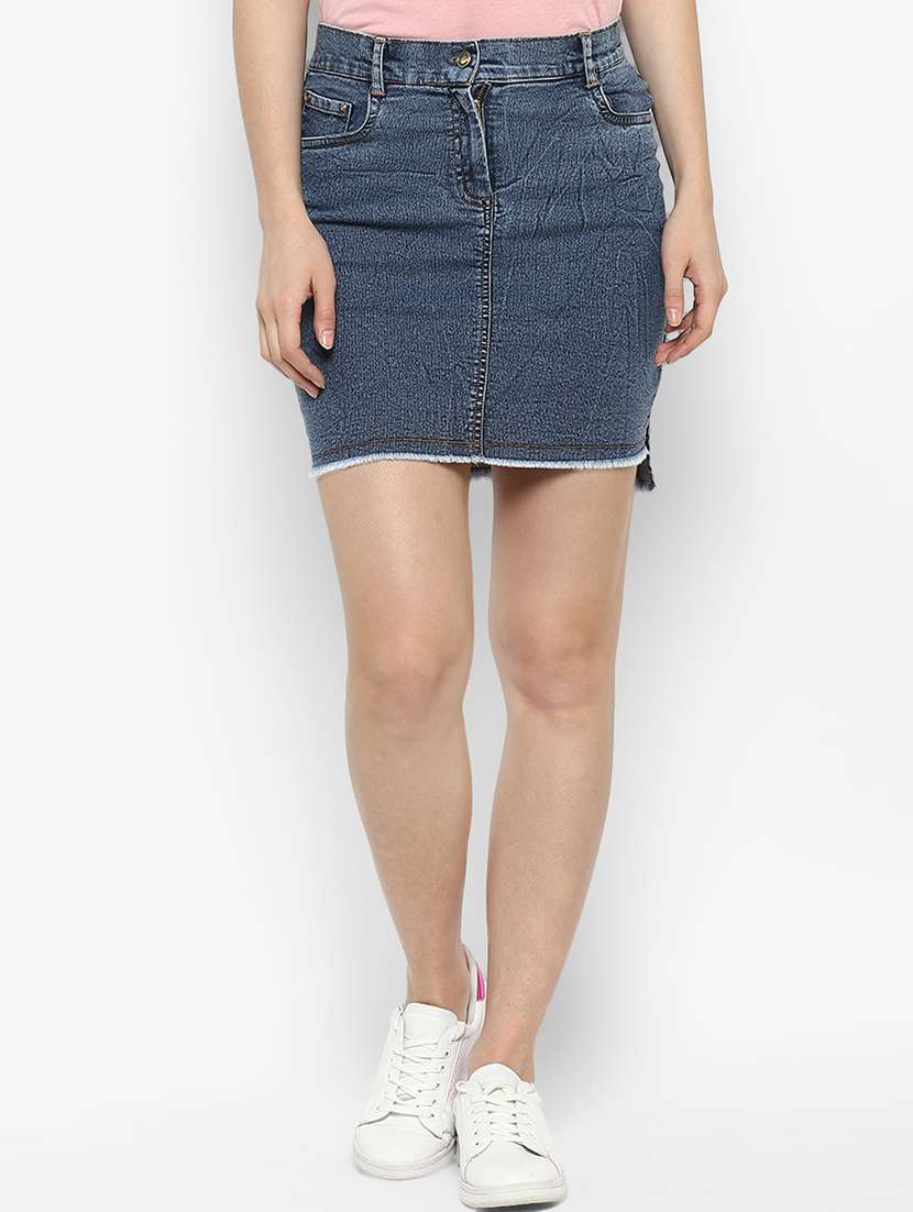 Blue Denim Frayed Skirt