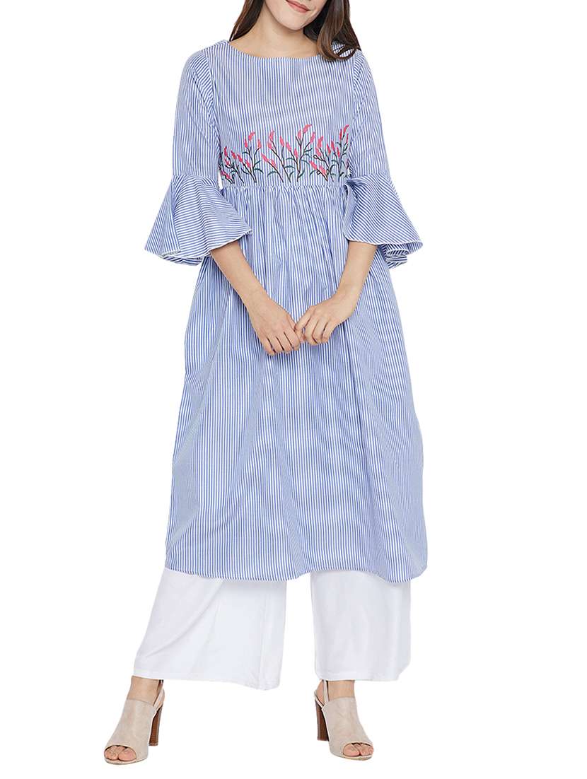 Blue Cotton Flared Kurta