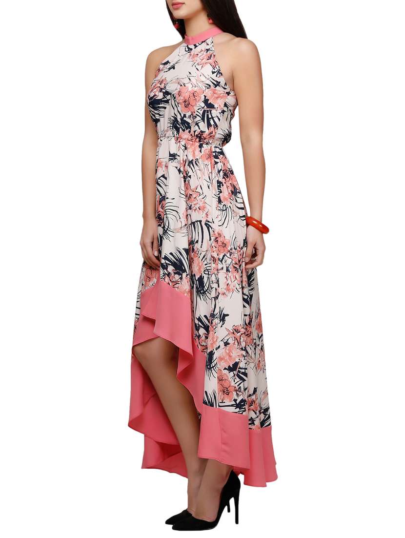 Contrast Hem Floral High Low Dress
