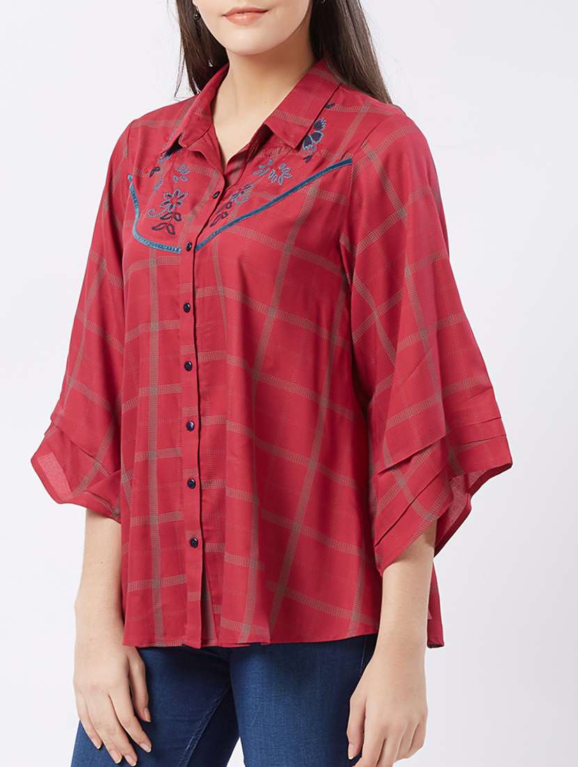 Embroidered Checkered Flared Sleeved Shirt