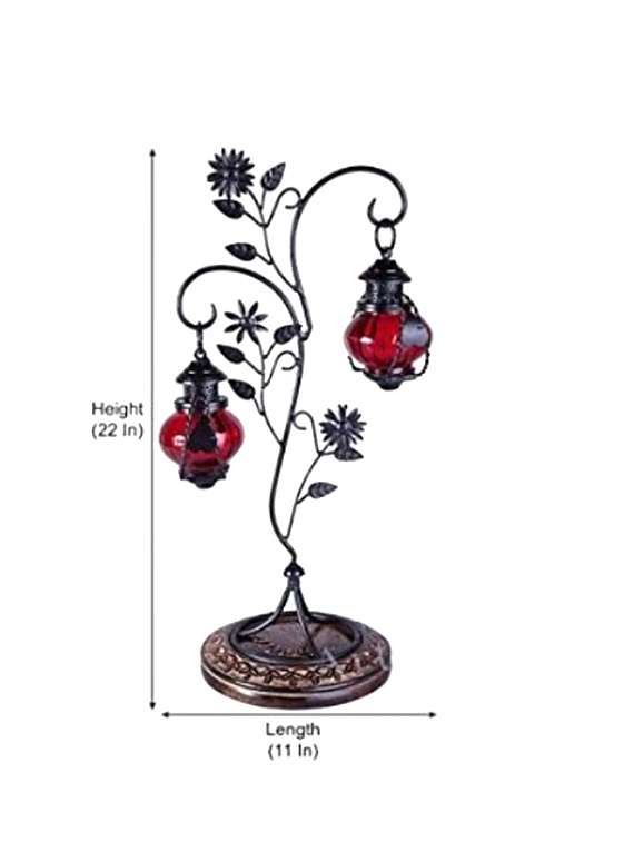 Desi Karigar Attractive Glass With Metal Red Colored Leaf Design Candle Stand (11"X8"X22")
