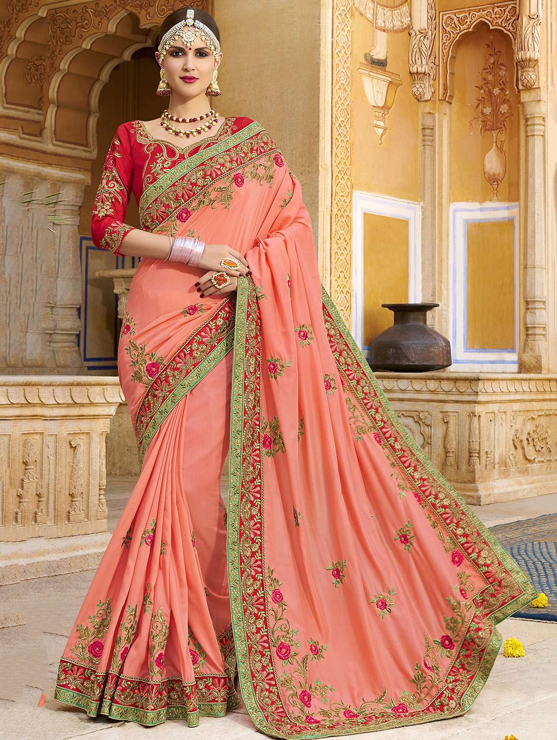 Floral Peach Embroidered Saree With Blouse