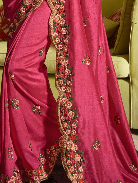 Floral Pink Embroidered Saree With Blouse