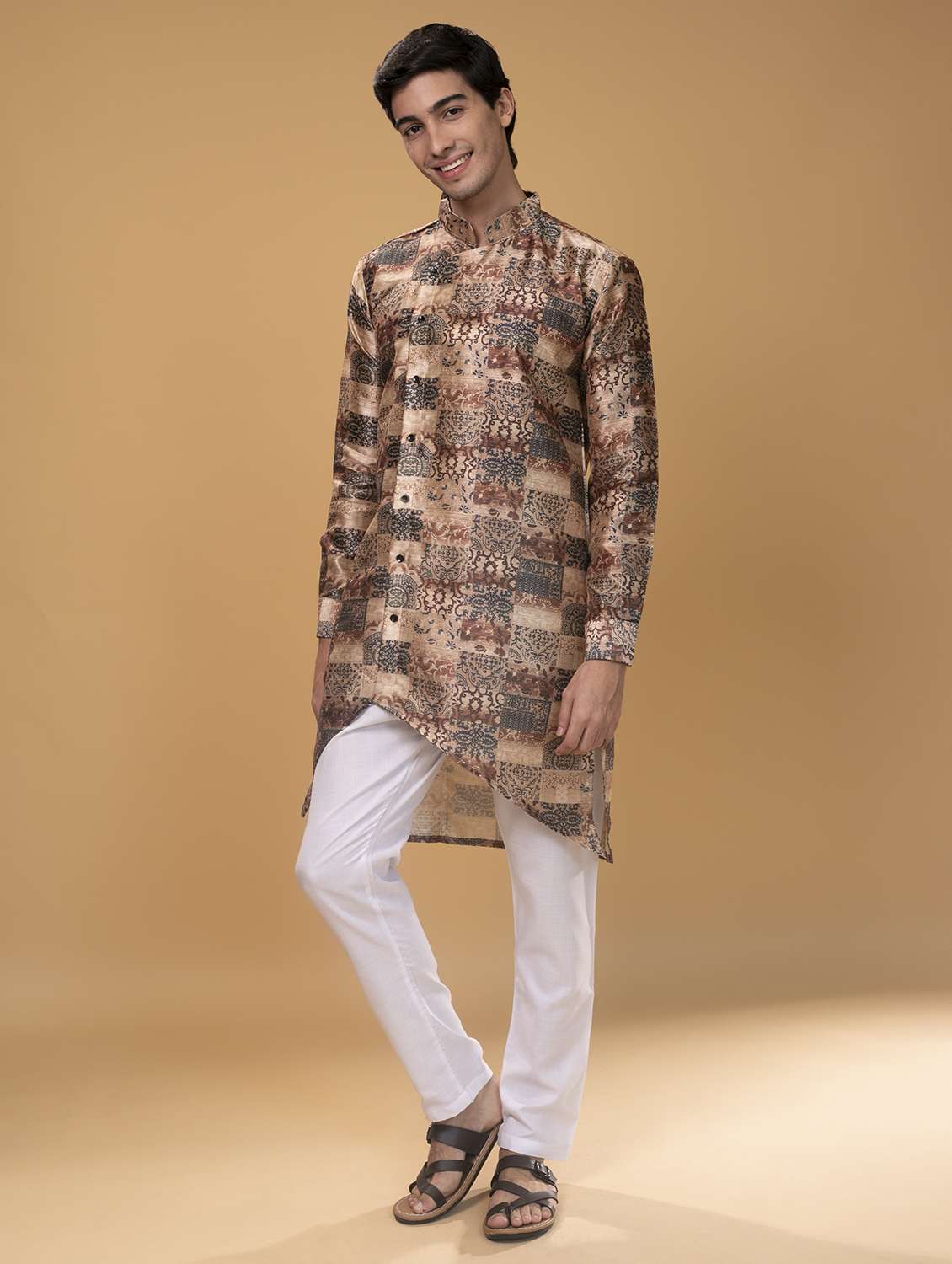Brown Silk Printed Asymmetric Kurta