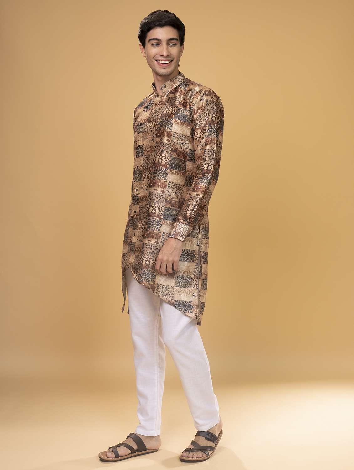 Brown Silk Printed Asymmetric Kurta