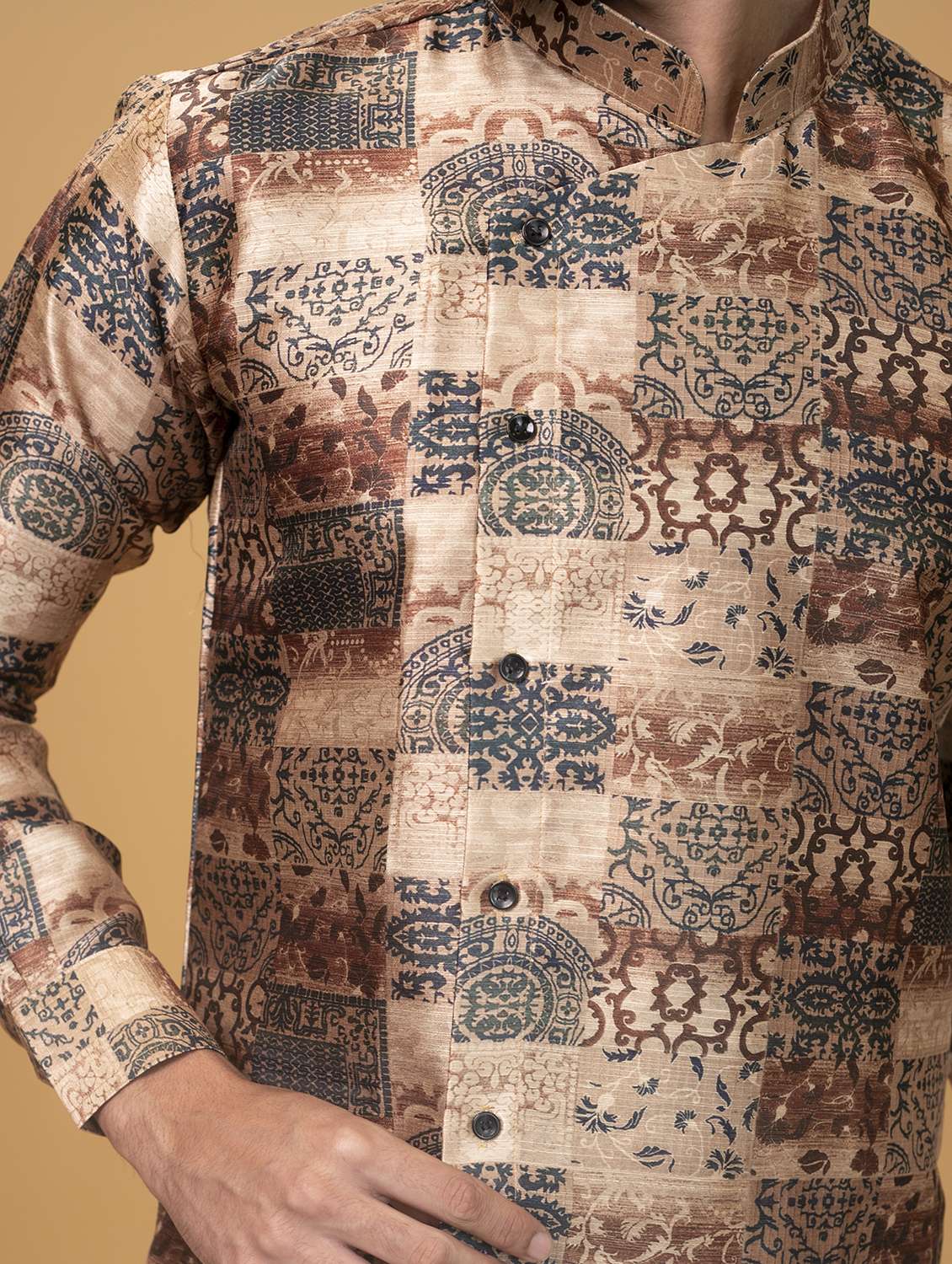 Brown Silk Printed Asymmetric Kurta