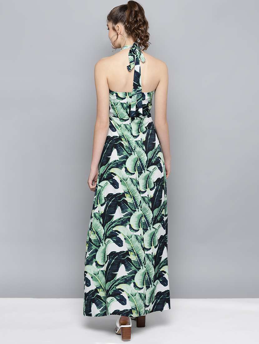 Halter Neck Tropical Print Maxi Dress