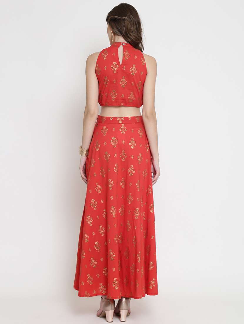 Foil Print Flared Skirt Top Set 