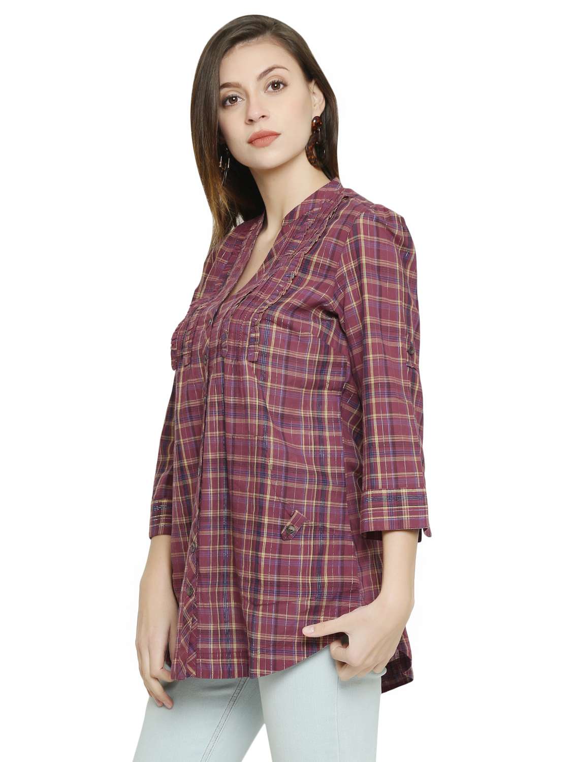 Mandarin Neck Checkered Shirt 
