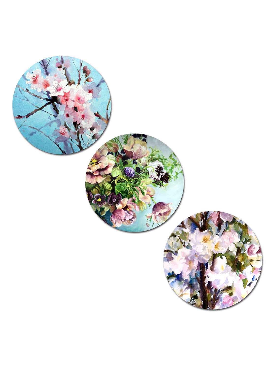 Round Wall Paintings Flower Print For Living Room With Wooden Frame And Without Glass   Set Of 3