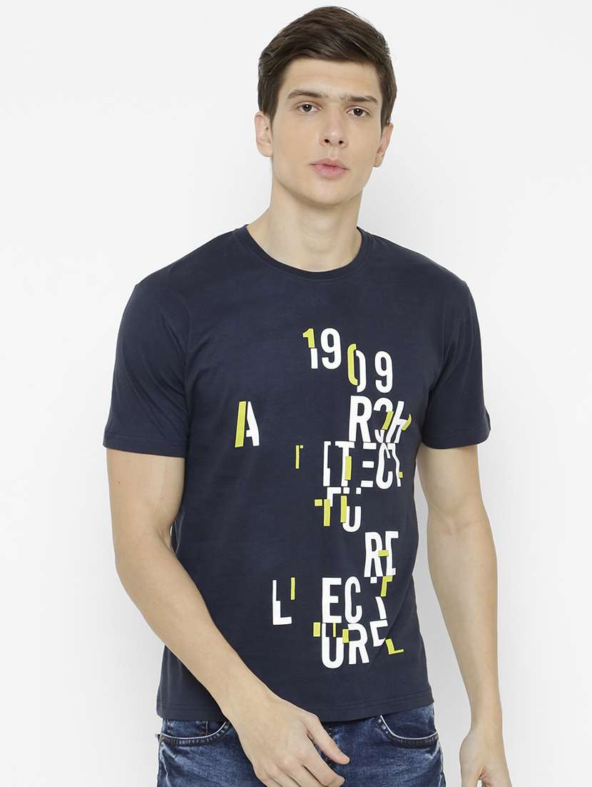Navy Blue Typographic Front Print T Shirt