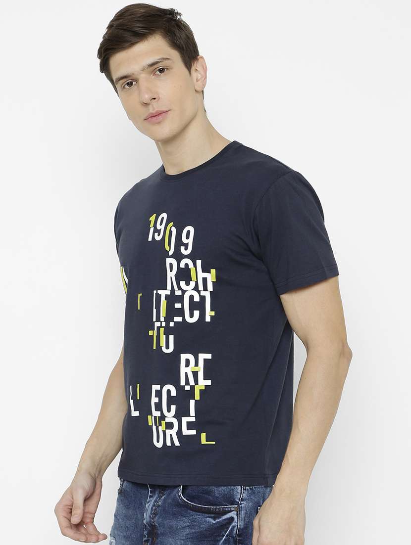 Navy Blue Typographic Front Print T Shirt