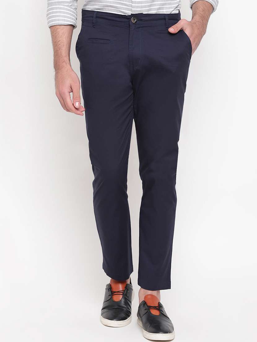 Navy Blue Solid Flat Front Casual Trouser