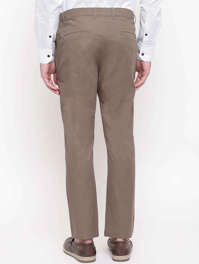 Brown Solid Flat Front Casual Trouser