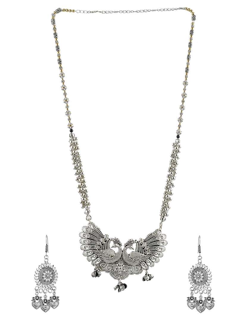 Oxidised Silver Long Necklace With Earring