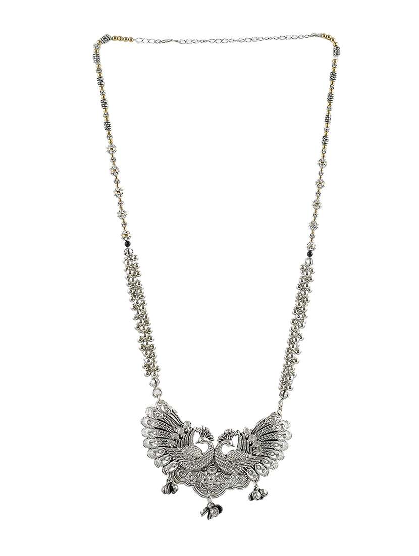 Oxidised Silver Long Necklace With Earring