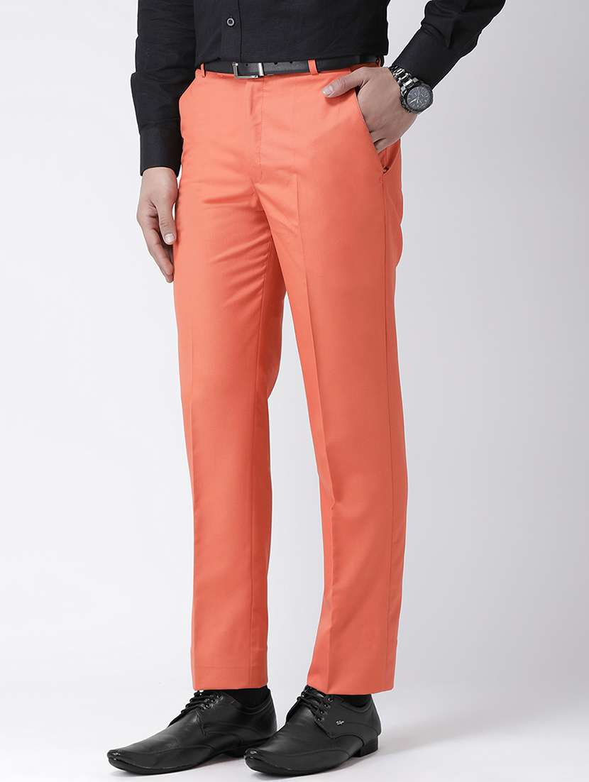 Peach Solid Flat Front Formal Trouser
