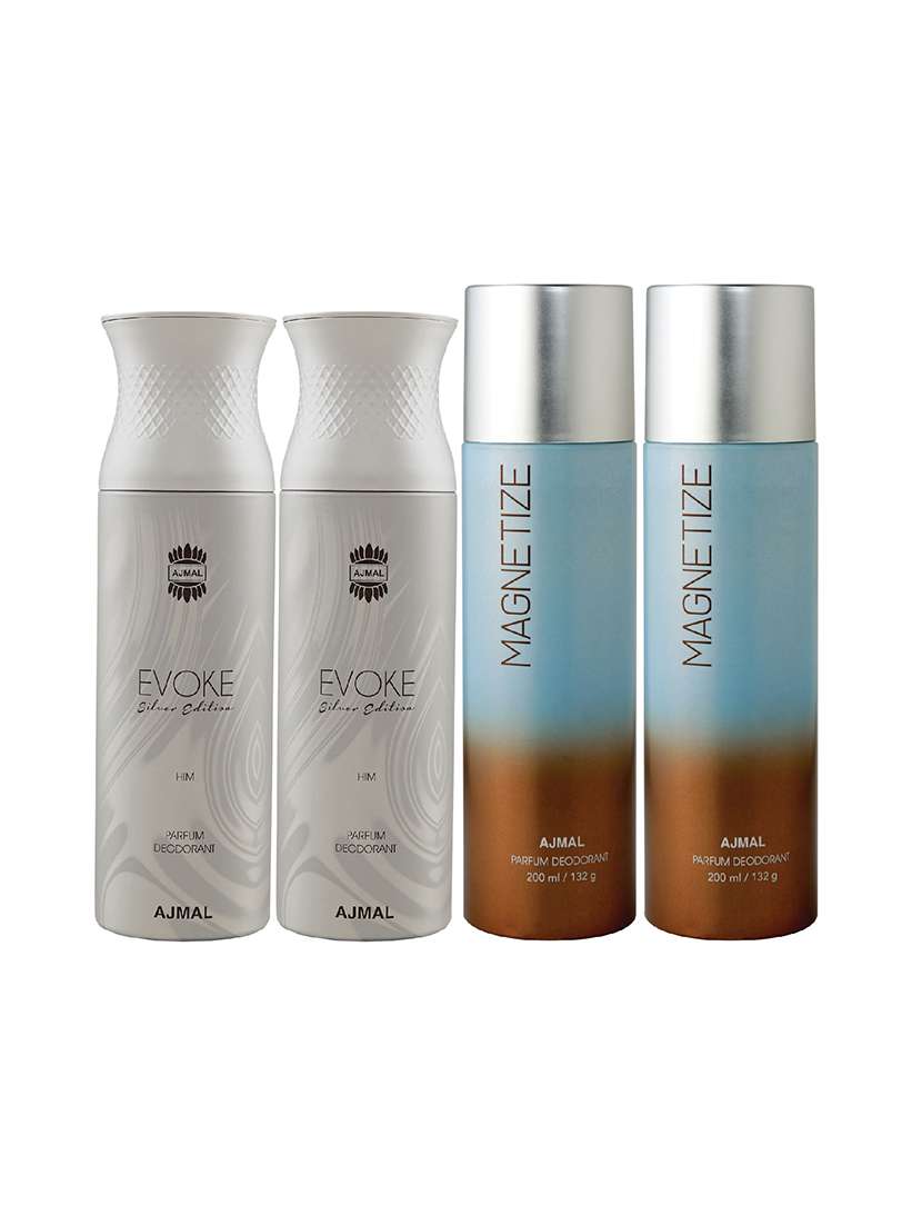 Ajmal 2 Evoke Silver Edition For Him For Men And 2 Magnetize For Unisex  Deodorants Combo Pack Of 4 (Total 800ml) + 3 Testers