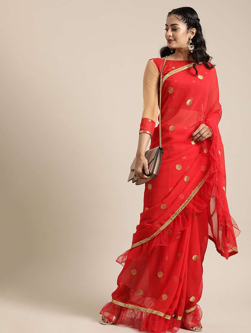 Ruffle Embroidered Saree With Blouse