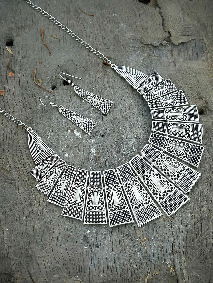 Oxidised Silver Short Necklace With Earring