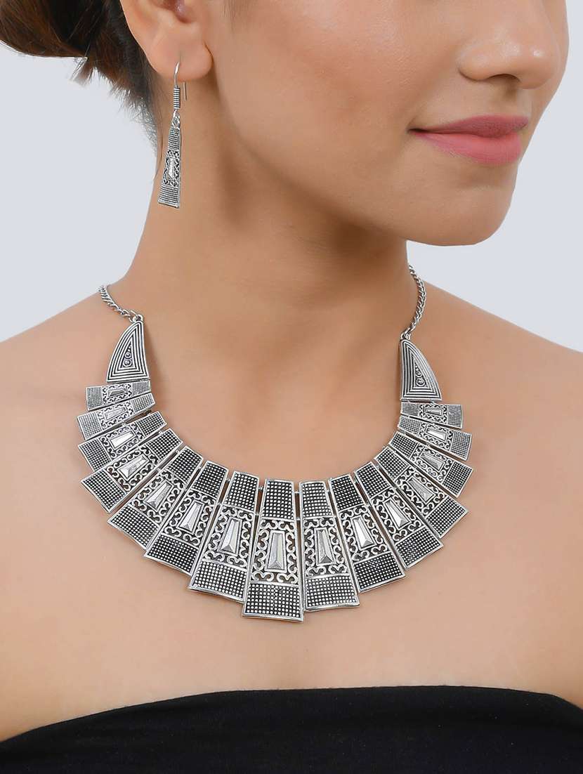 Oxidised Silver Short Necklace With Earring