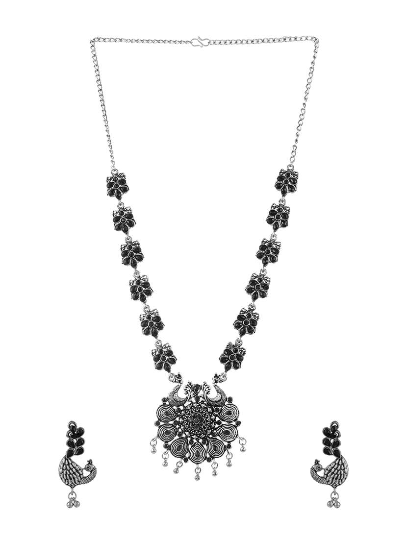Oxidised Silver Long Necklace With Earring