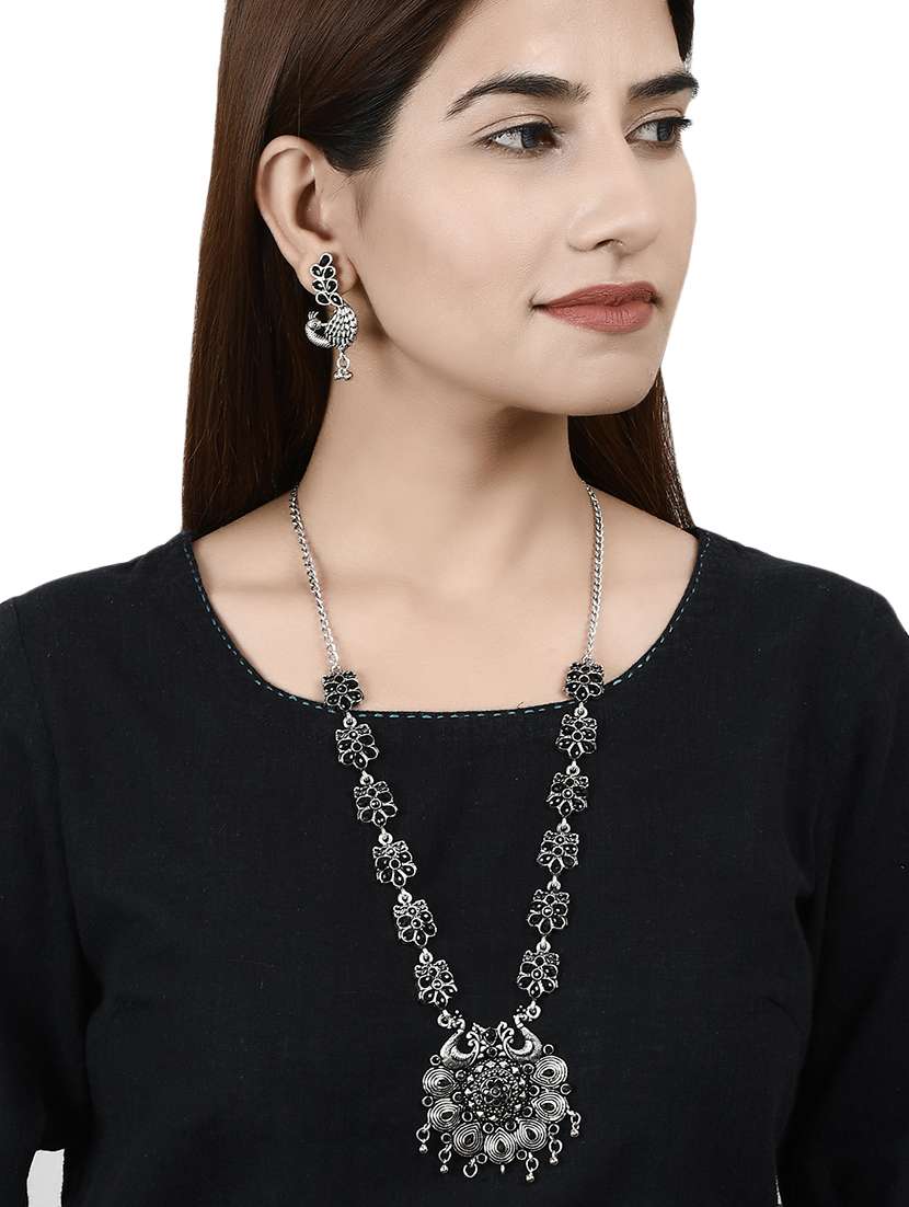 Oxidised Silver Long Necklace With Earring
