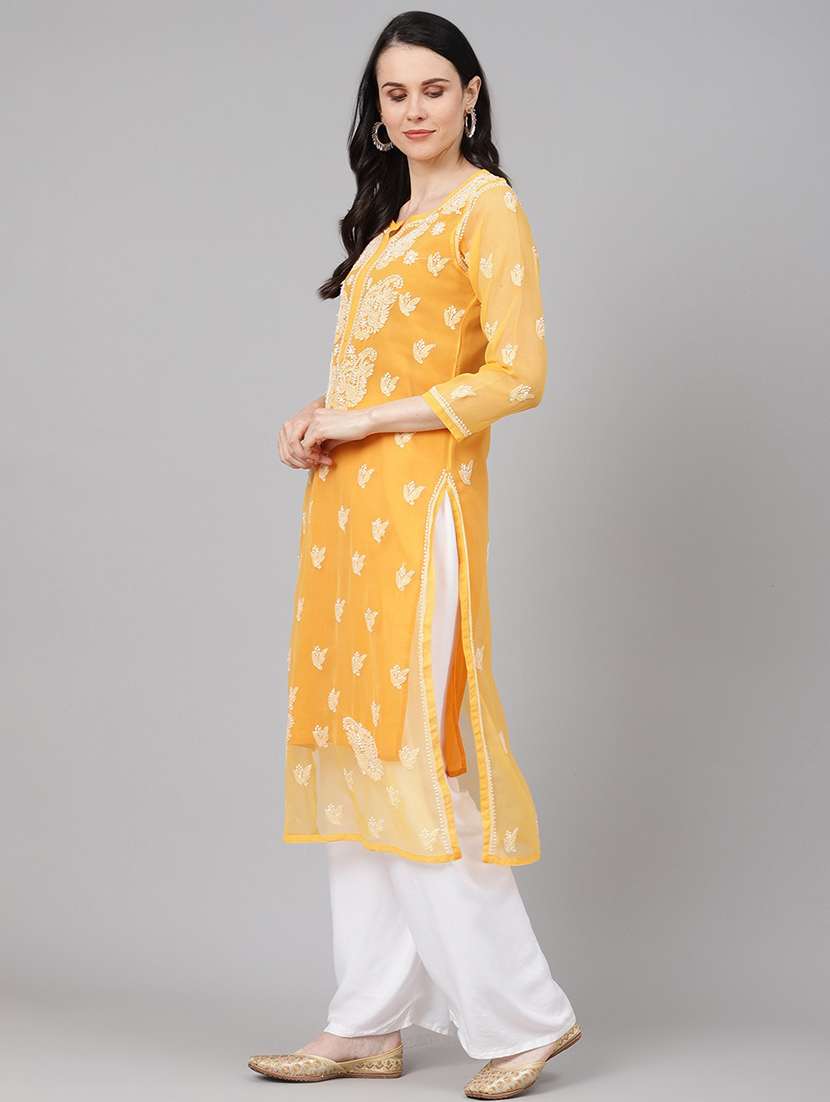 Orange Knee Length Chikankari Kurta For Women