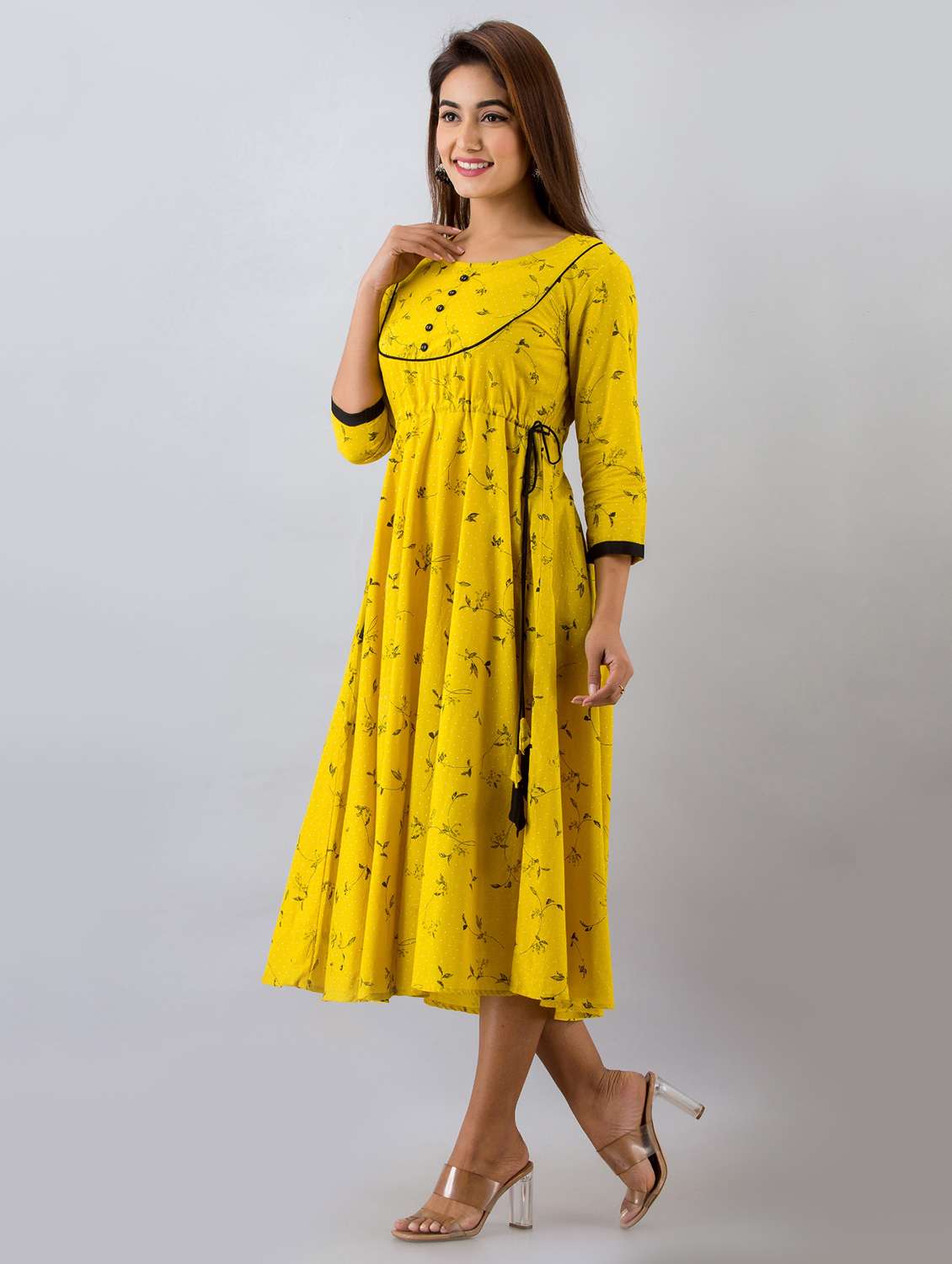 Yellow Printed Anarkali Ethnic Dress